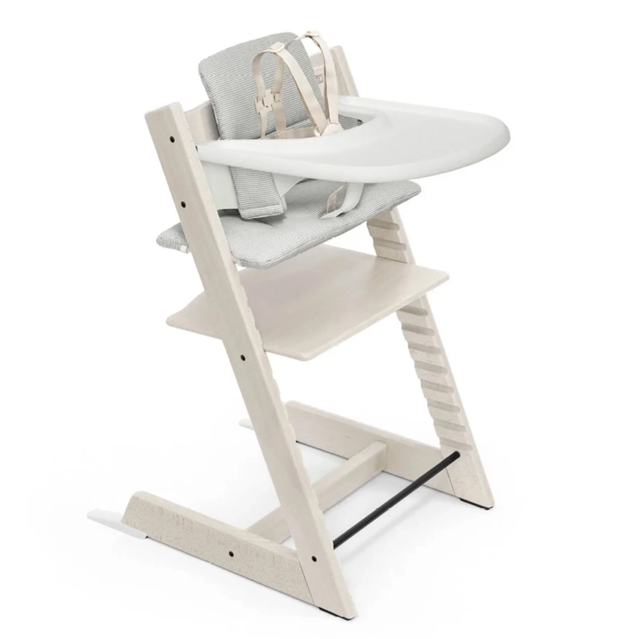 Chaise Haute Tripp Trapp® V2 + Coussin Gris avec Cabaret Stokke® - Blanc Lavé
