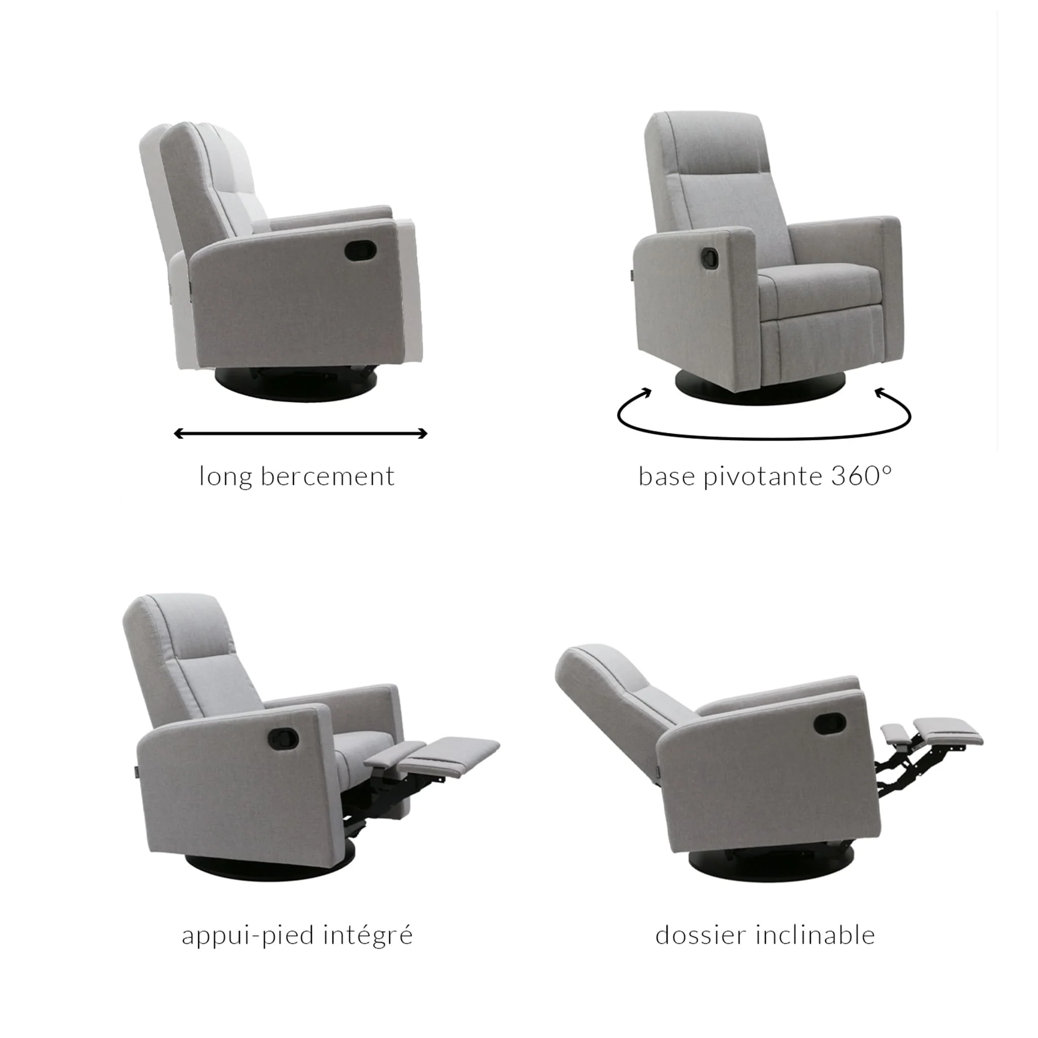Fauteuil Berçant et Pivotant Nelly - Nubia Silver / Noir - Image 7