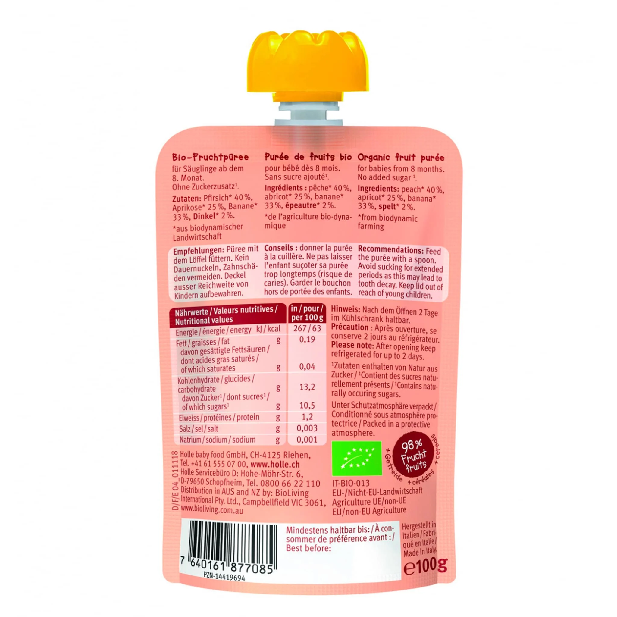 PurĂ©e Bio - Panda Peach - PĂȘche, Apricot, Banane avec Ăpeautre (Ă partir de 8 mois) - Image 2